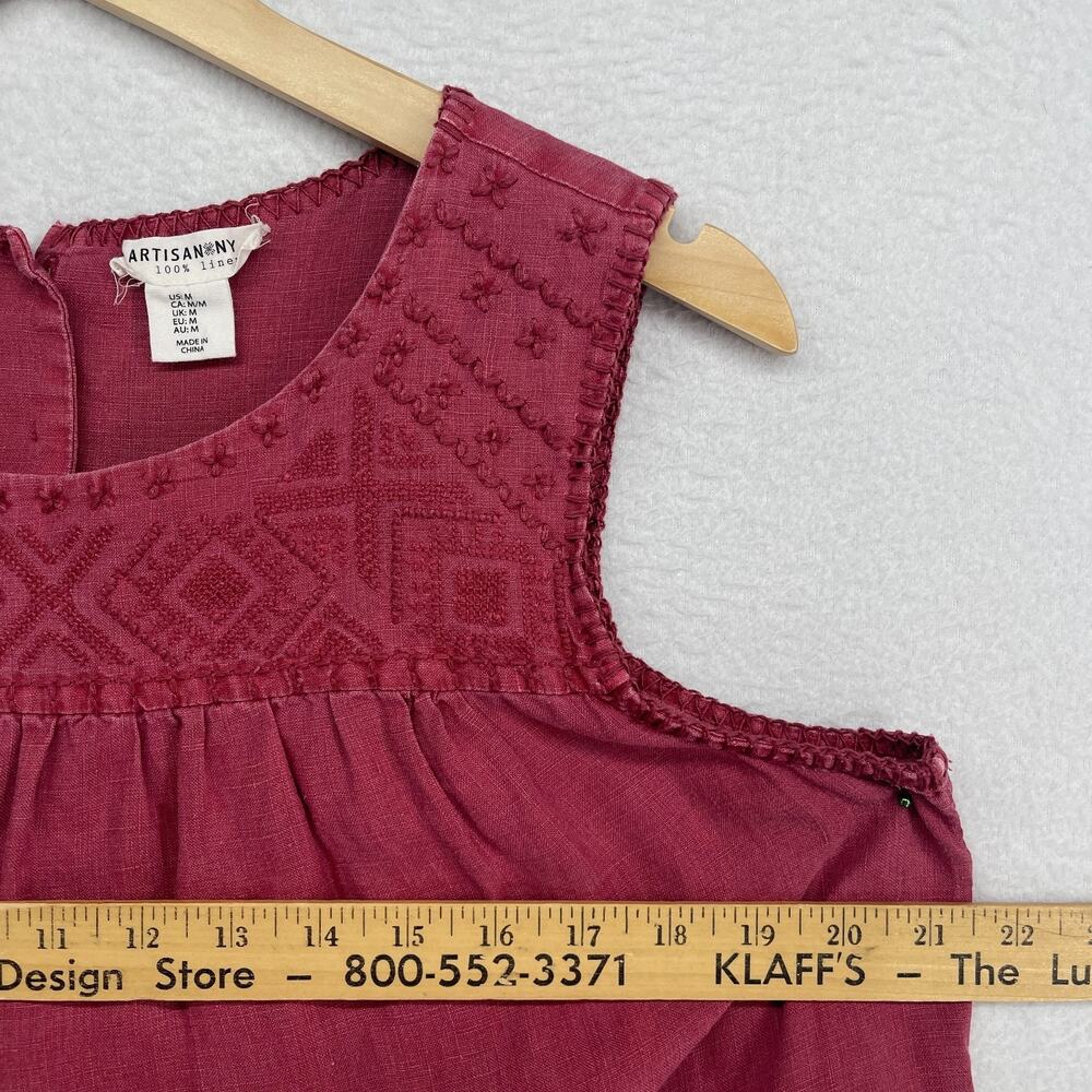 ARTISAN NY Dress M Linen Cross Stitch Embroidered Smocked Shift Tank Pink Red - Picture 9 of 11